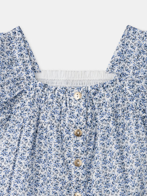 Blue Floral Print Cotton Blouse