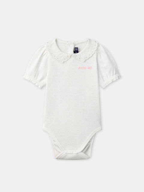 Off White Cotton Bodysuit With Broderie Anglaise Collar