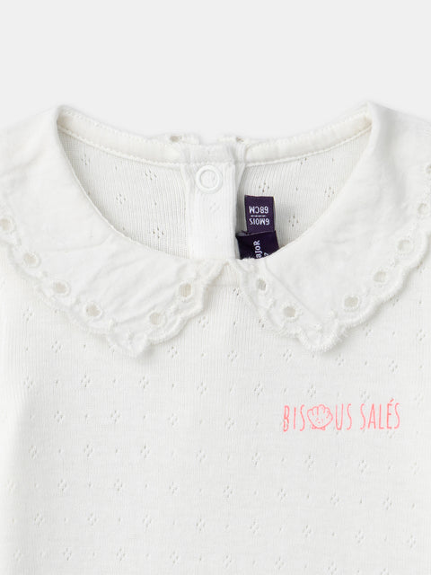 Off White Cotton Bodysuit With Broderie Anglaise Collar