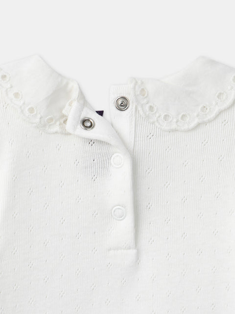 Off White Cotton Bodysuit With Broderie Anglaise Collar