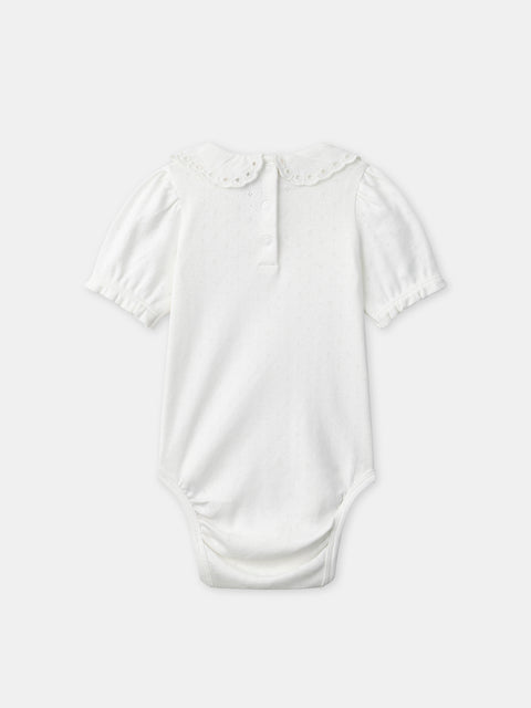 Off White Cotton Bodysuit With Broderie Anglaise Collar