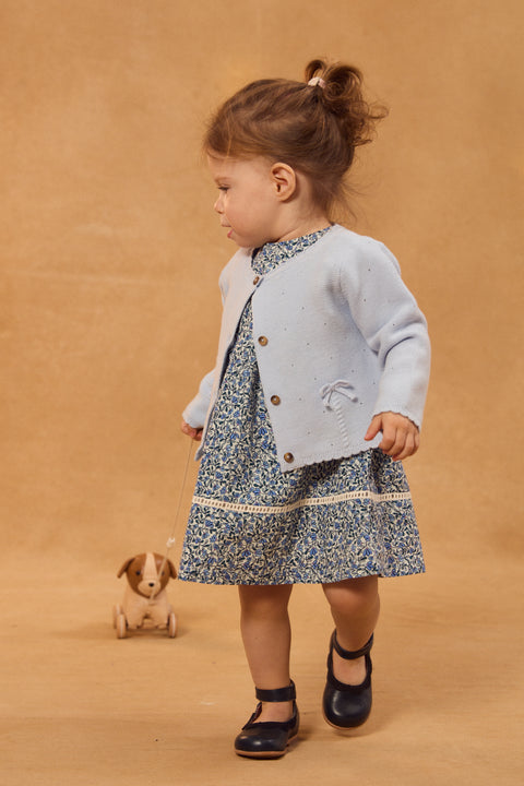 Light Blue Cotton Cardigan With Bow Features