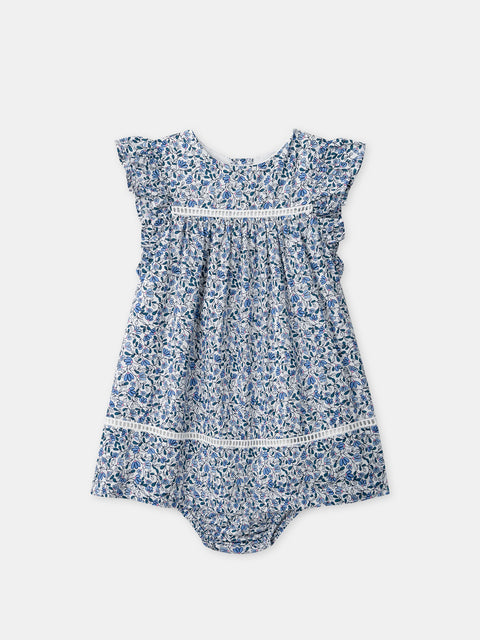 Blue Floral Cotton Dress With Bloomers