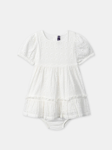 Off White Embroidered Cotton Poplin Dress With Bloomers