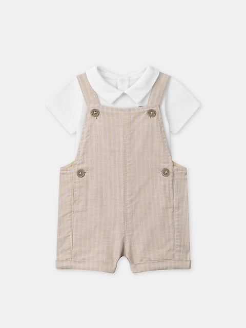 Cotton Polo Bodysuit With Beige Stripe Short Dungarees