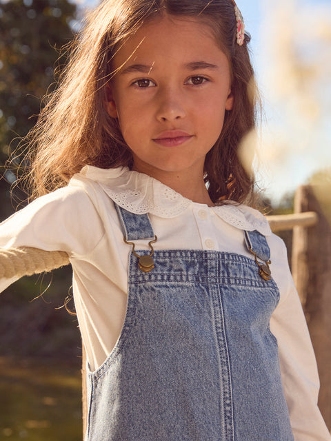 Embroidered Lined Denim Dungaree Dress