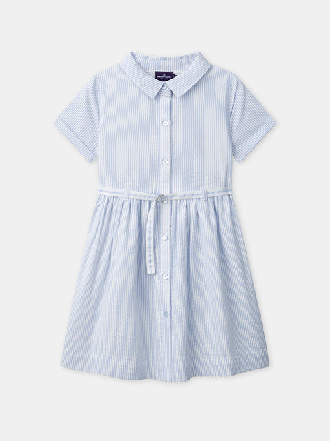 Belted Blue Stripe Cotton Seersucker Dress