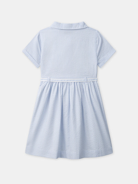 Belted Blue Stripe Cotton Seersucker Dress