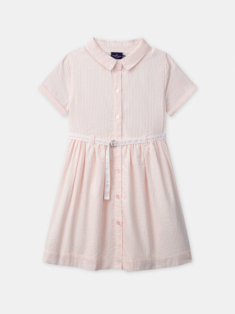 Belted Pink Stripe Cotton Seersucker Dress