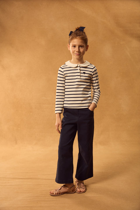 Long Sleeve Navy Stripe Collared Cotton T-shirt