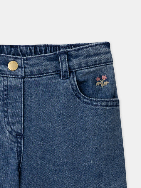 Medium Blue Wide Leg Denims With Floral Embroidery