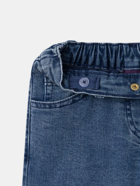 Medium Blue Wide Leg Denims With Floral Embroidery