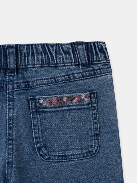 Medium Blue Wide Leg Denims With Floral Embroidery