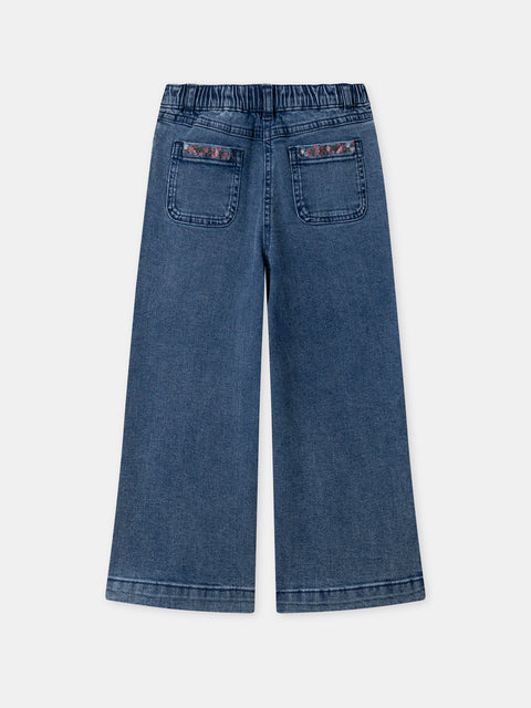 Medium Blue Wide Leg Denims With Floral Embroidery