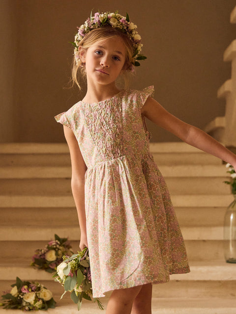 Lined Pink Floral Print Cotton Poplin Dress