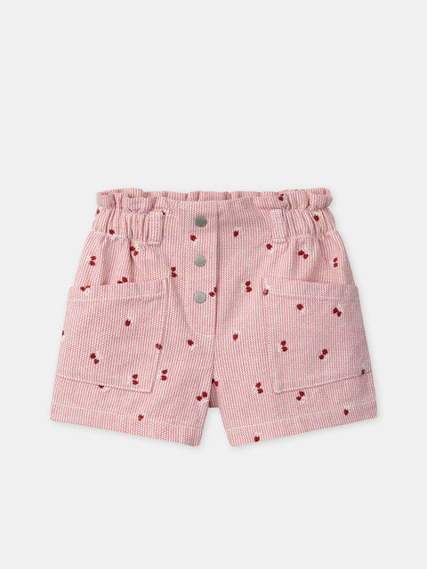 Red Striped Embroidered Cotton Shorts