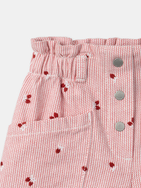 Red Striped Embroidered Cotton Shorts