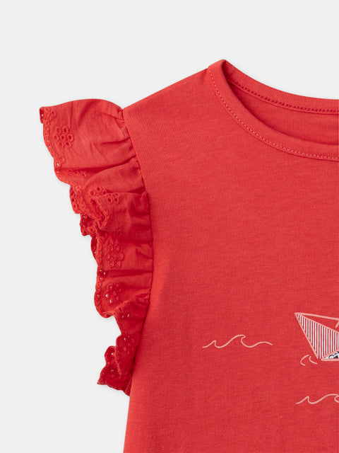 Red Ruffle Detail Cotton T-shirt