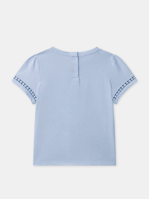 Blue Cotton T-shirt with Ladder Stitch Detail