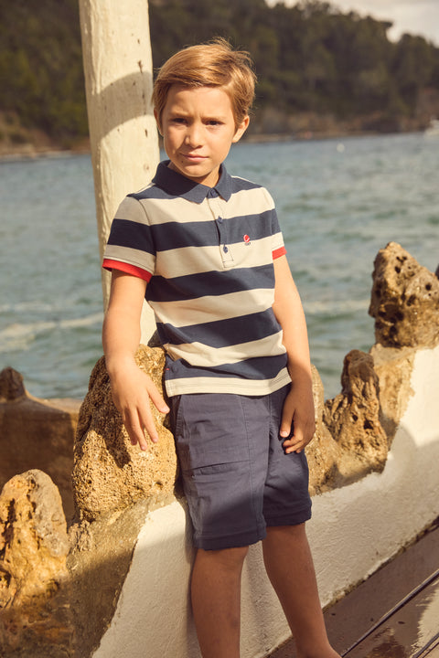 Navy & White Stripe Cotton Pique Polo Shirt