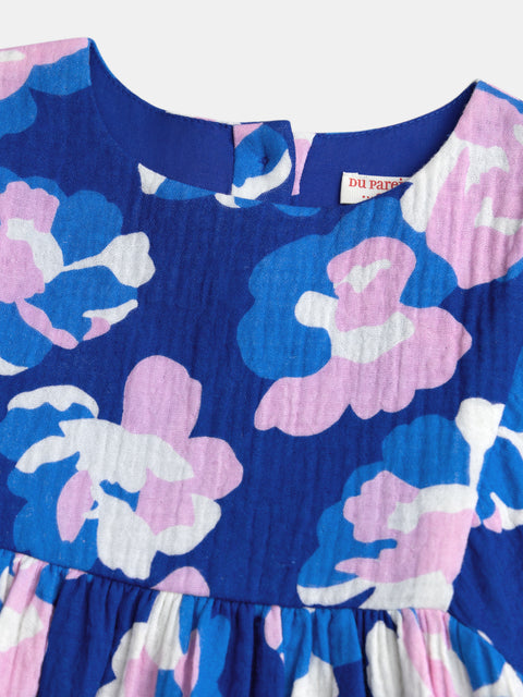 Lined Blue Floral Print Cotton Dress
