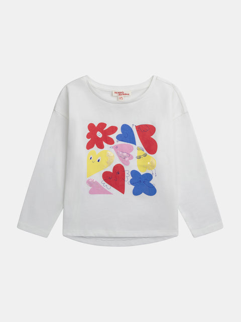 Cream Cotton T-shirt With Floral Animation