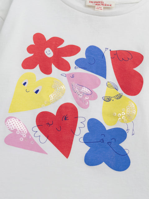 Cream Cotton T-shirt With Floral Animation