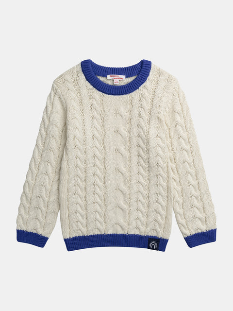 Cream Knit Jumper With Contrast Blue Edging