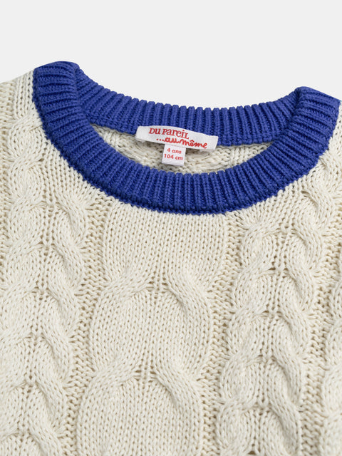 Cream Knit Jumper With Contrast Blue Edging
