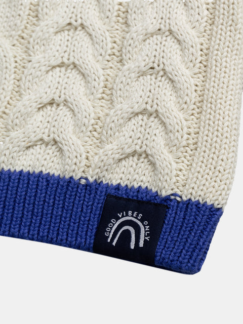 Cream Knit Jumper With Contrast Blue Edging