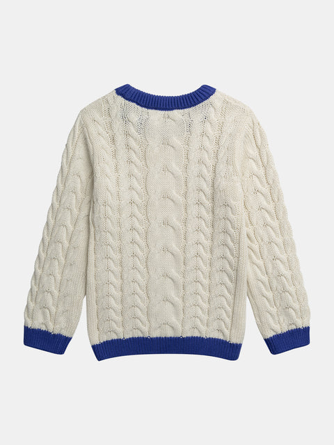 Cream Knit Jumper With Contrast Blue Edging