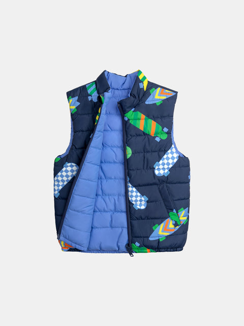 Navy Skateboard Print Reversible Sleeveless Jacket