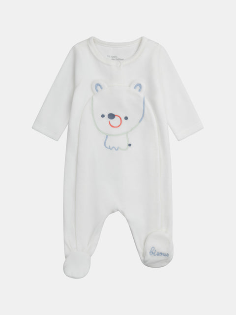 Newborn White Bear Applique Velour Sleepsuit