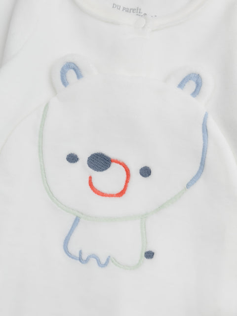 Newborn White Bear Applique Velour Sleepsuit