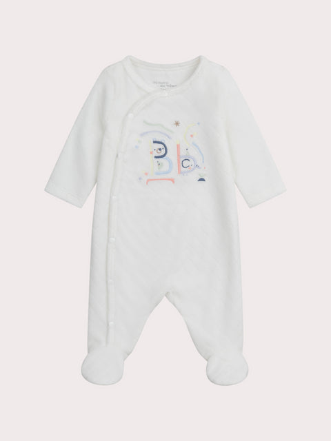 Newborn Embroidered White Velour Sleepsuit