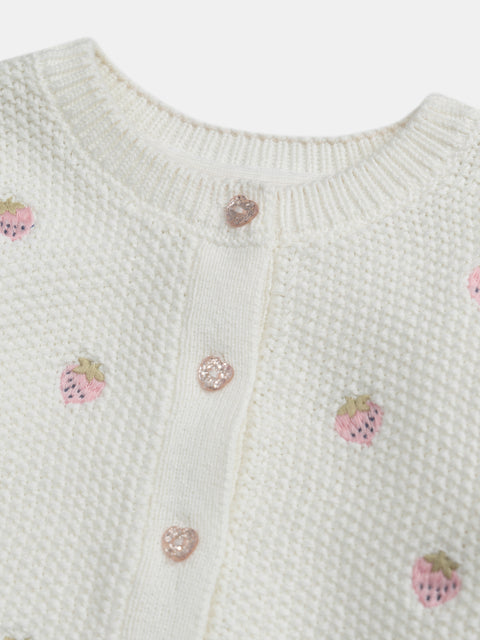 Cream Cotton Strawberry Embroidered Cardigan