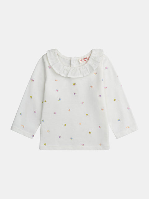 Cream Fruit Print Collared Cotton T-shirt