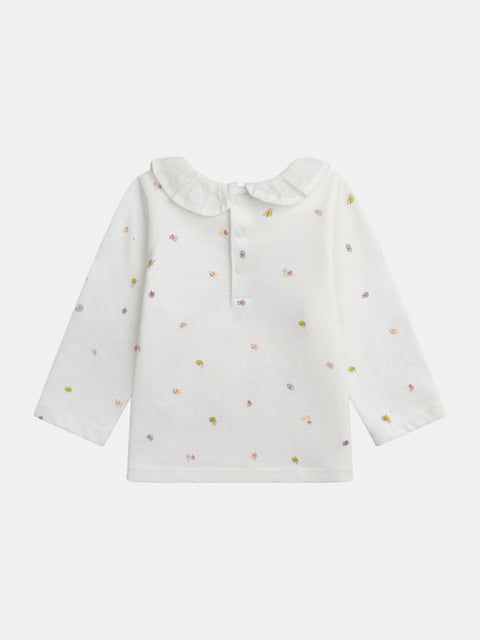 Cream Fruit Print Collared Cotton T-shirt