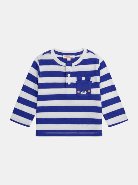 Blue Stripe Cotton Button Neck T-shirt