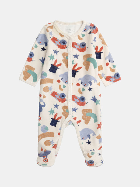 Cream Circus Print Velour Sleepsuit