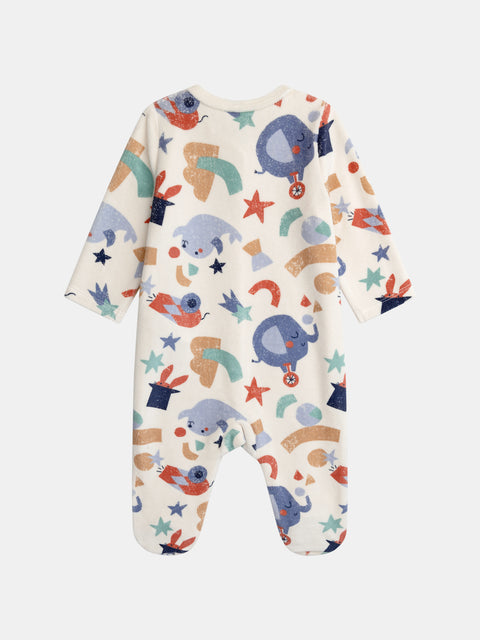 Cream Circus Print Velour Sleepsuit