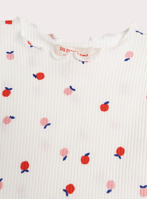 Cream Ribbed Apple Print Cotton T-shirt