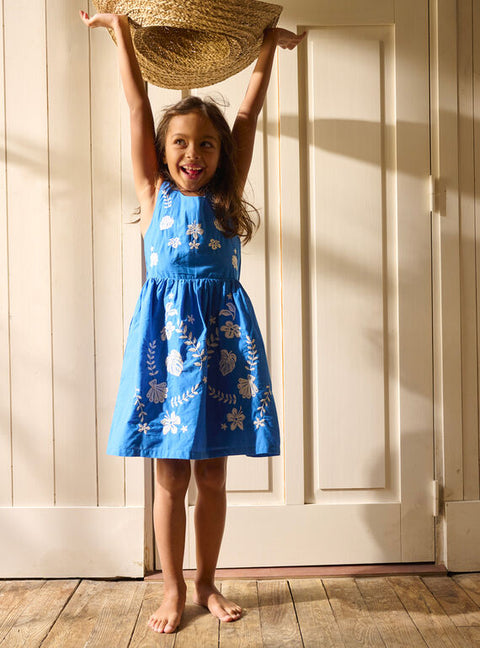 Lined Blue Cotton Dress With White Floral Embroidery