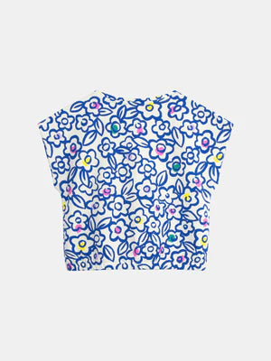 Blue Floral Print Cotton T-shirt