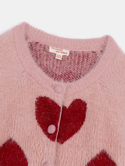 Rose Pink Heart Pattern Feather Knit Cardigan