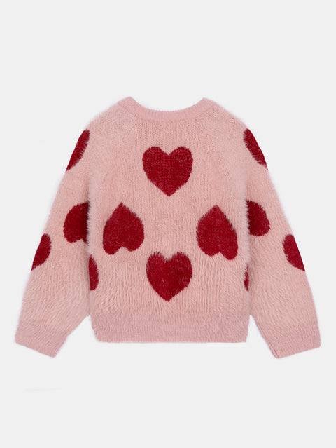 Rose Pink Heart Pattern Feather Knit Cardigan