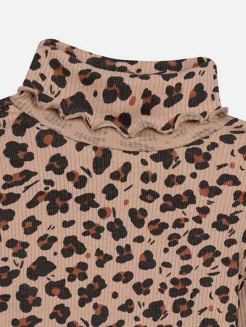 Ribbed Animal Print Cotton Polo Neck