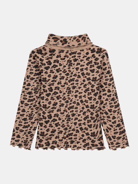 Ribbed Animal Print Cotton Polo Neck