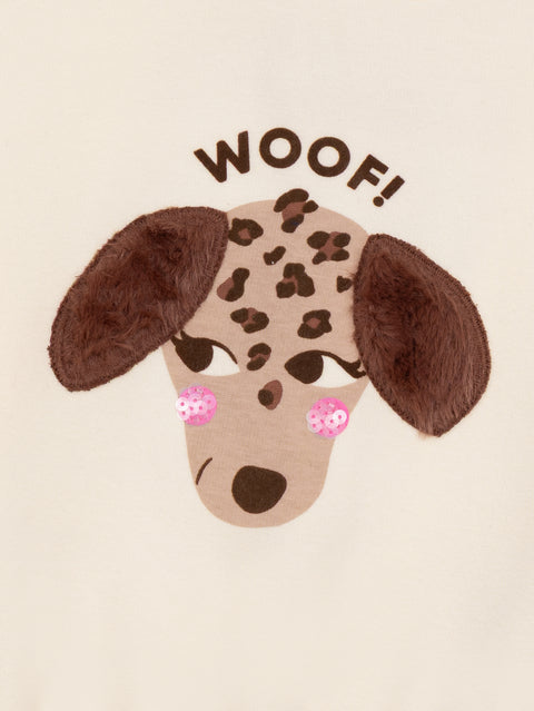 Cream Dog Applique Cotton Fleece Sweatshirt