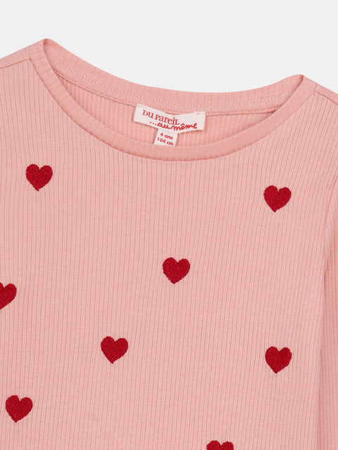 Ribbed Rose Pink Embroidered Heart Cotton T-shirt